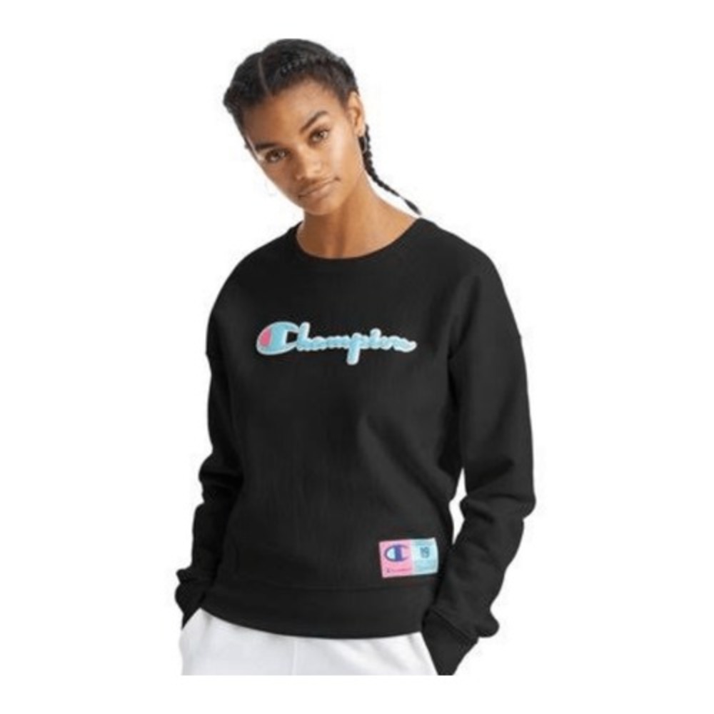 Champion Reverse Weave Black Chenille Script Logo Sweatshirt Small Sporty Casual - Picture 2 of 13